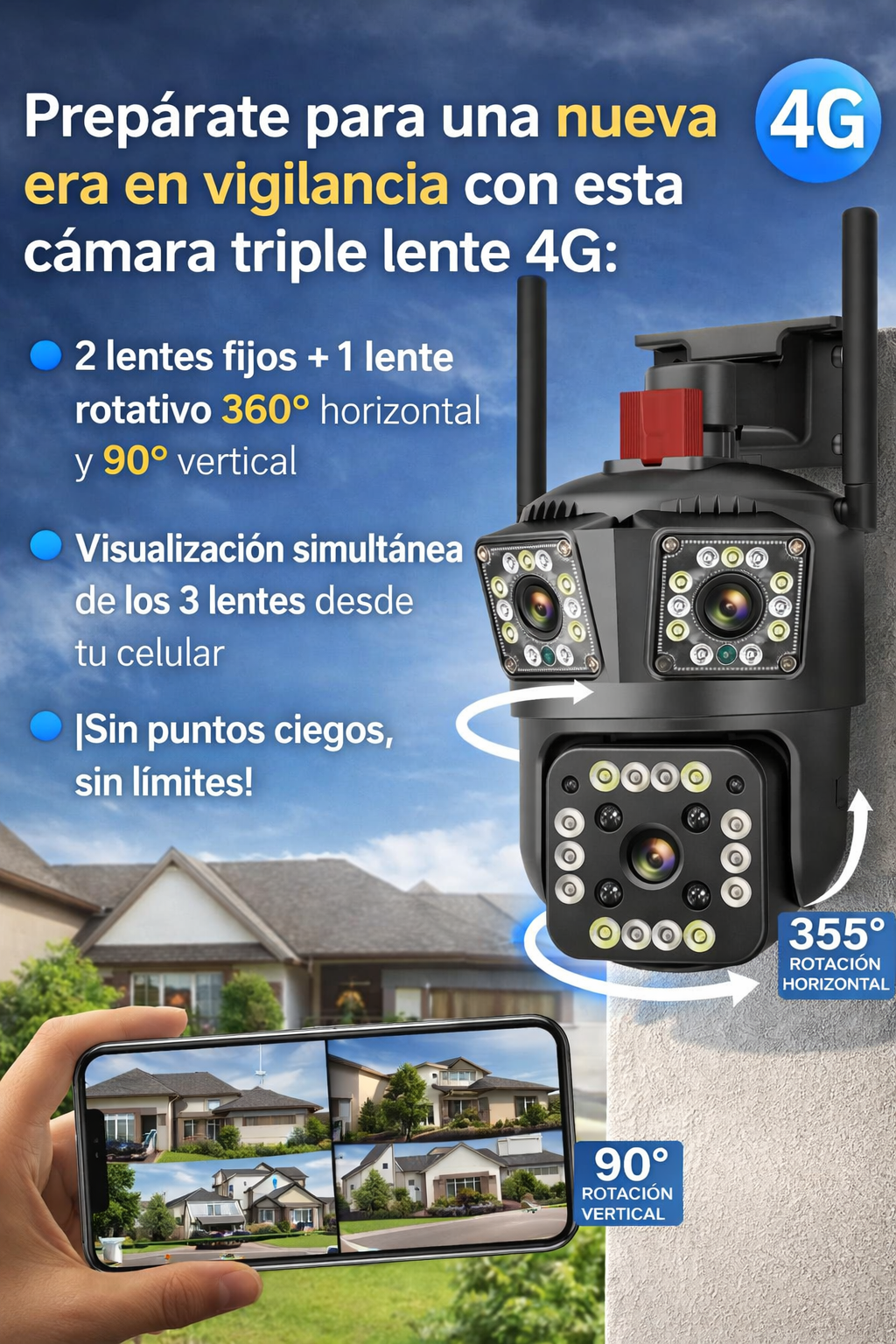 Cámara WiFi Inteligente Triple Lente PTZ 4G – Compra 1 Llévate 2