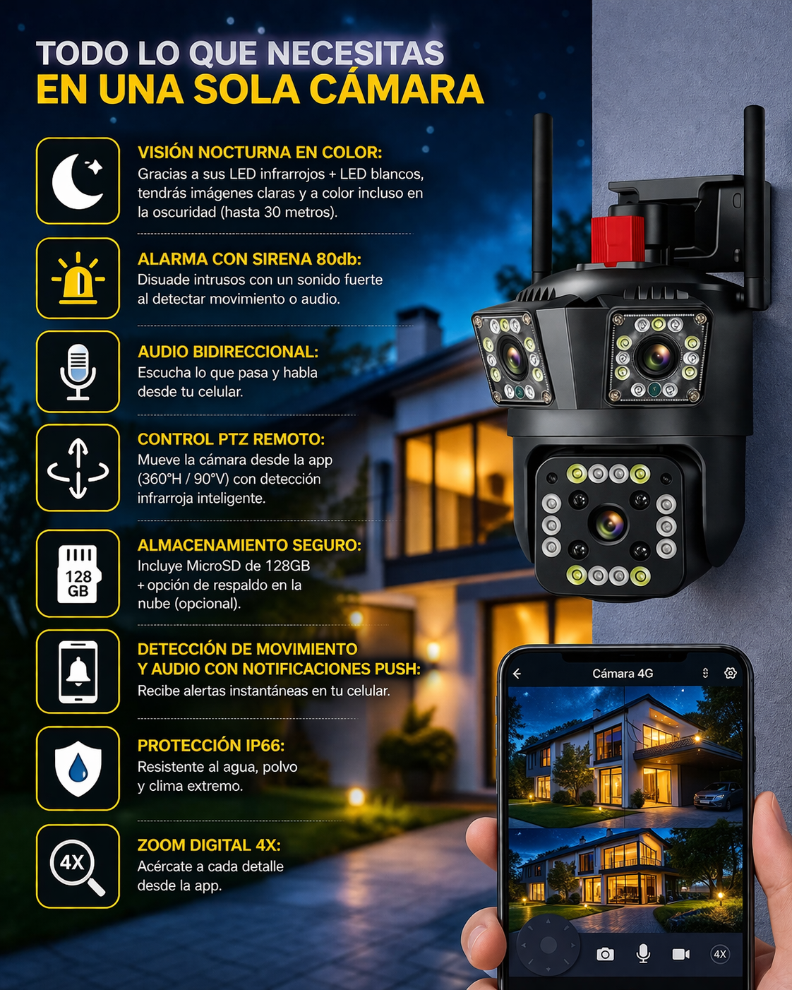 Cámara WiFi Inteligente Triple Lente PTZ 4G – Compra 1 Llévate 2